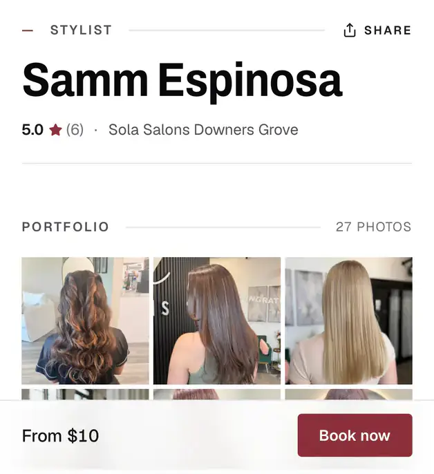 A stylist’s Glamer page on a phone — their name, their reviews, their work, and a Book now button